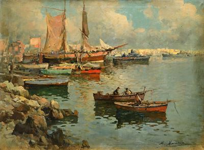 Marina con barche di pescatori, olio su tela