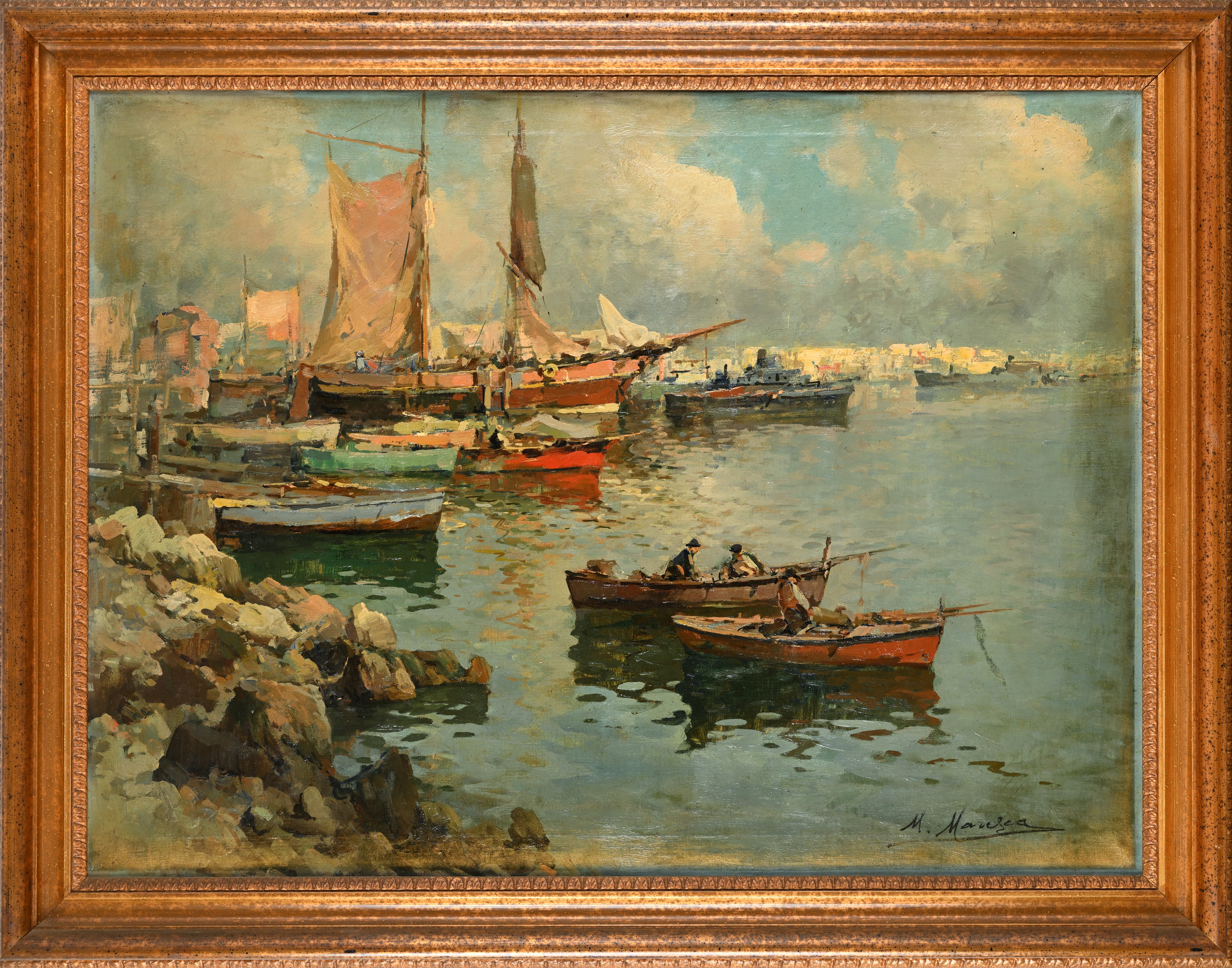 Mario Maresca - Marina con barche di pescatori, olio su tela