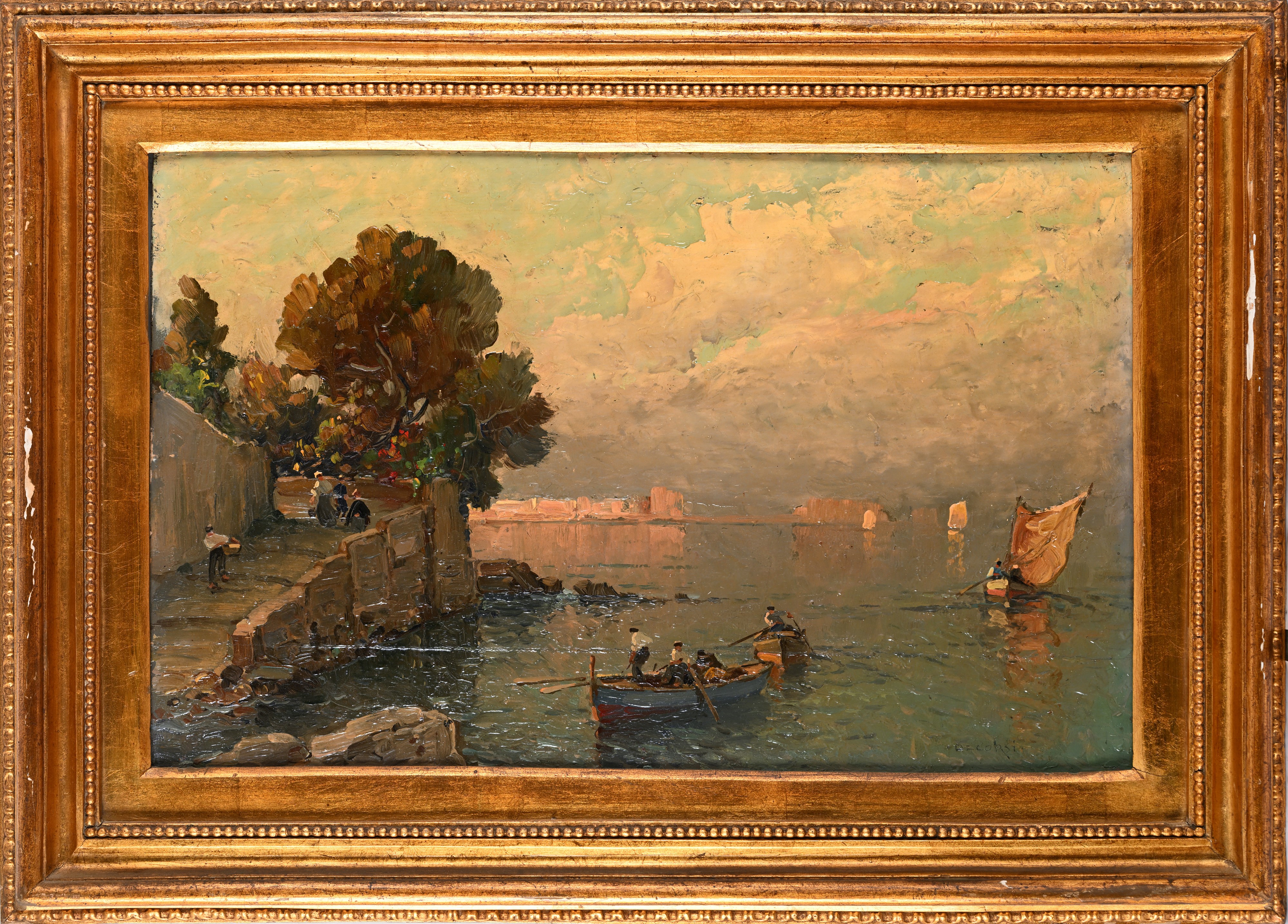 Nicolas De Corsi - Barche di pescatori presso un approdo, olio su legno