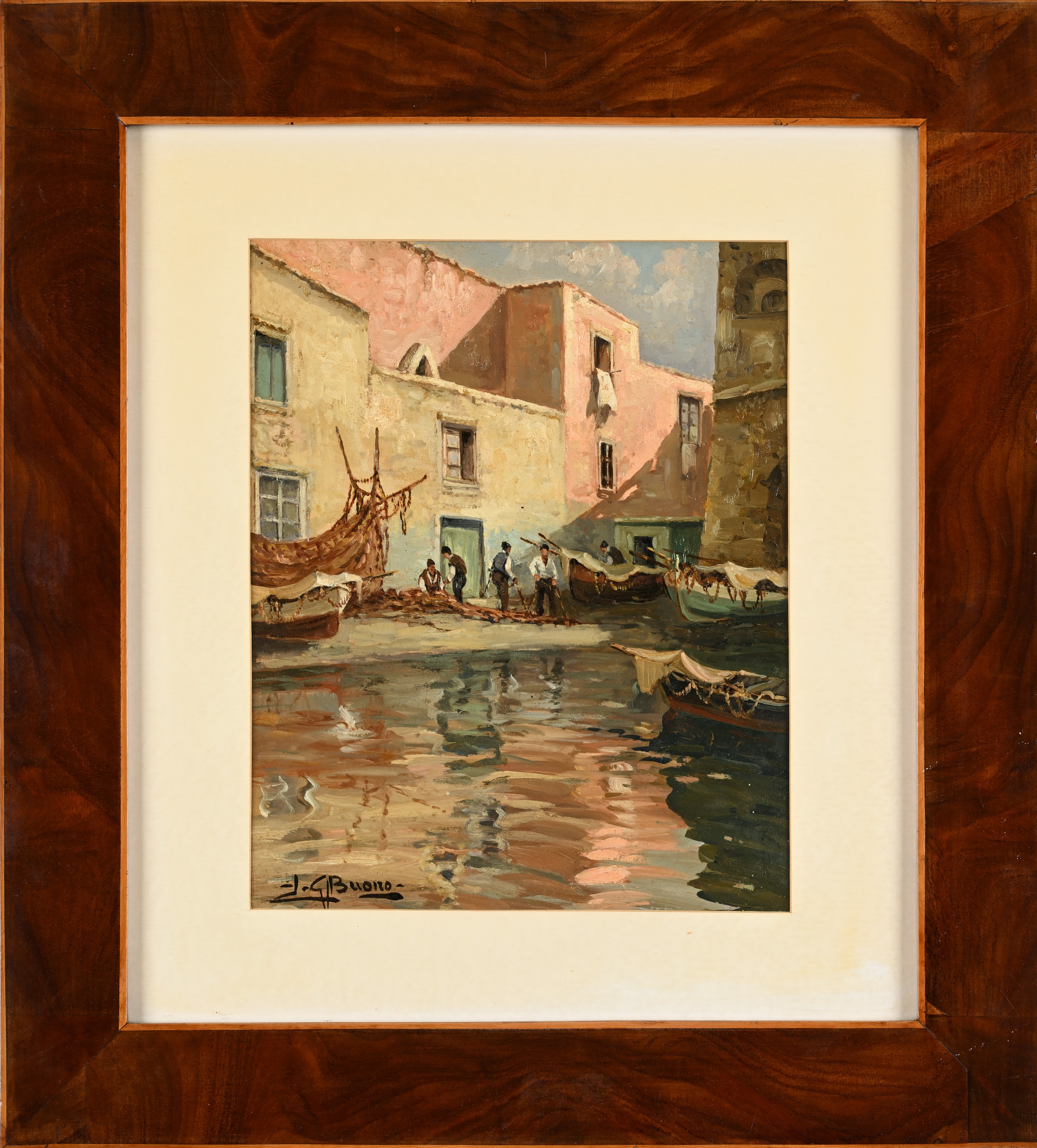 Leon Giuseppe Buono - Barche e pescatori presso borgo costiero