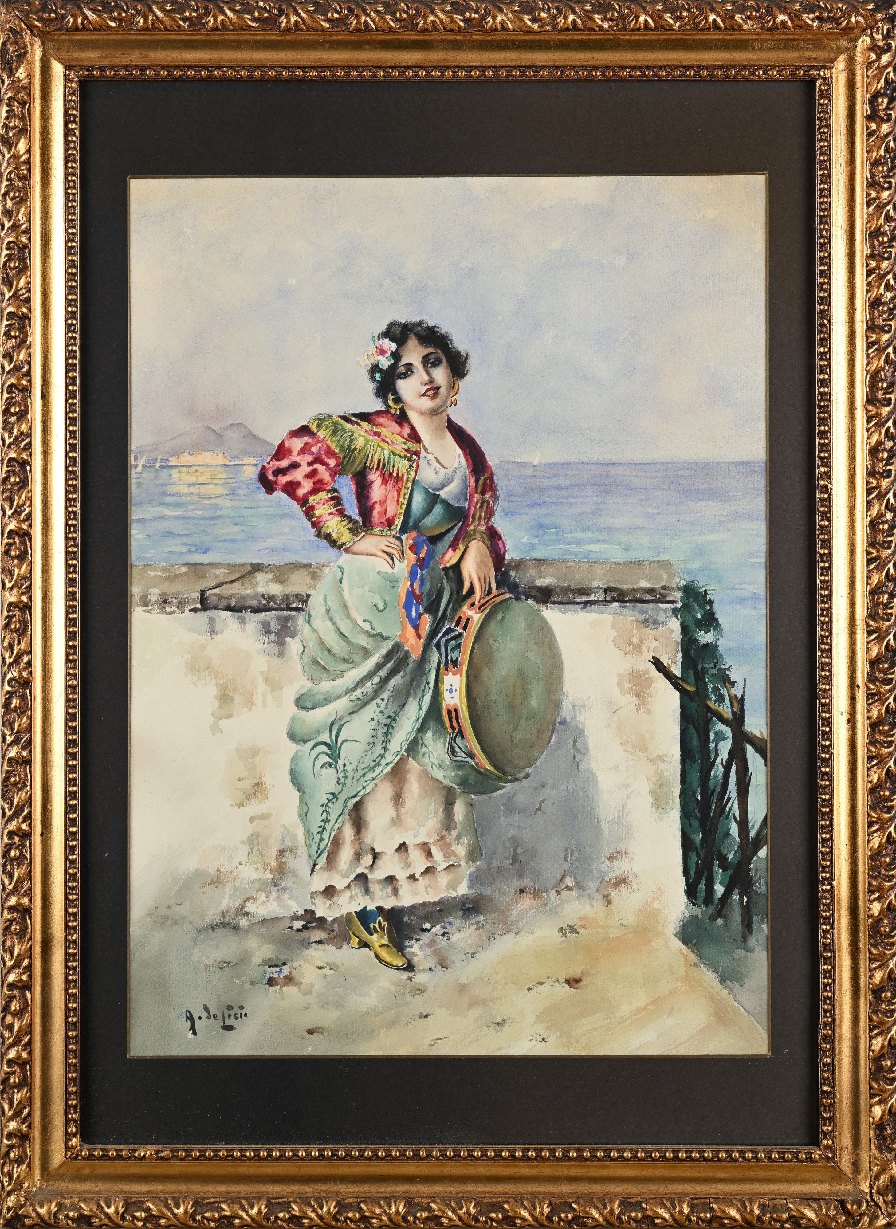 Arnaldo De Lisio - Giovane donna con tamburello a Napoli, acquerello su cartoncino