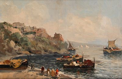 Marina napoletana con barche di pescatori, olio su legno