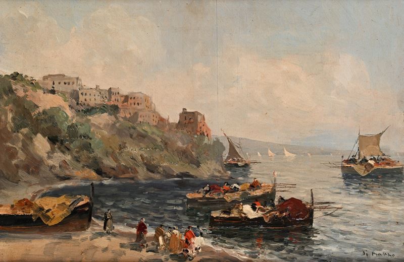 Francesco di Marino - Marina napoletana con barche di pescatori, olio su legno