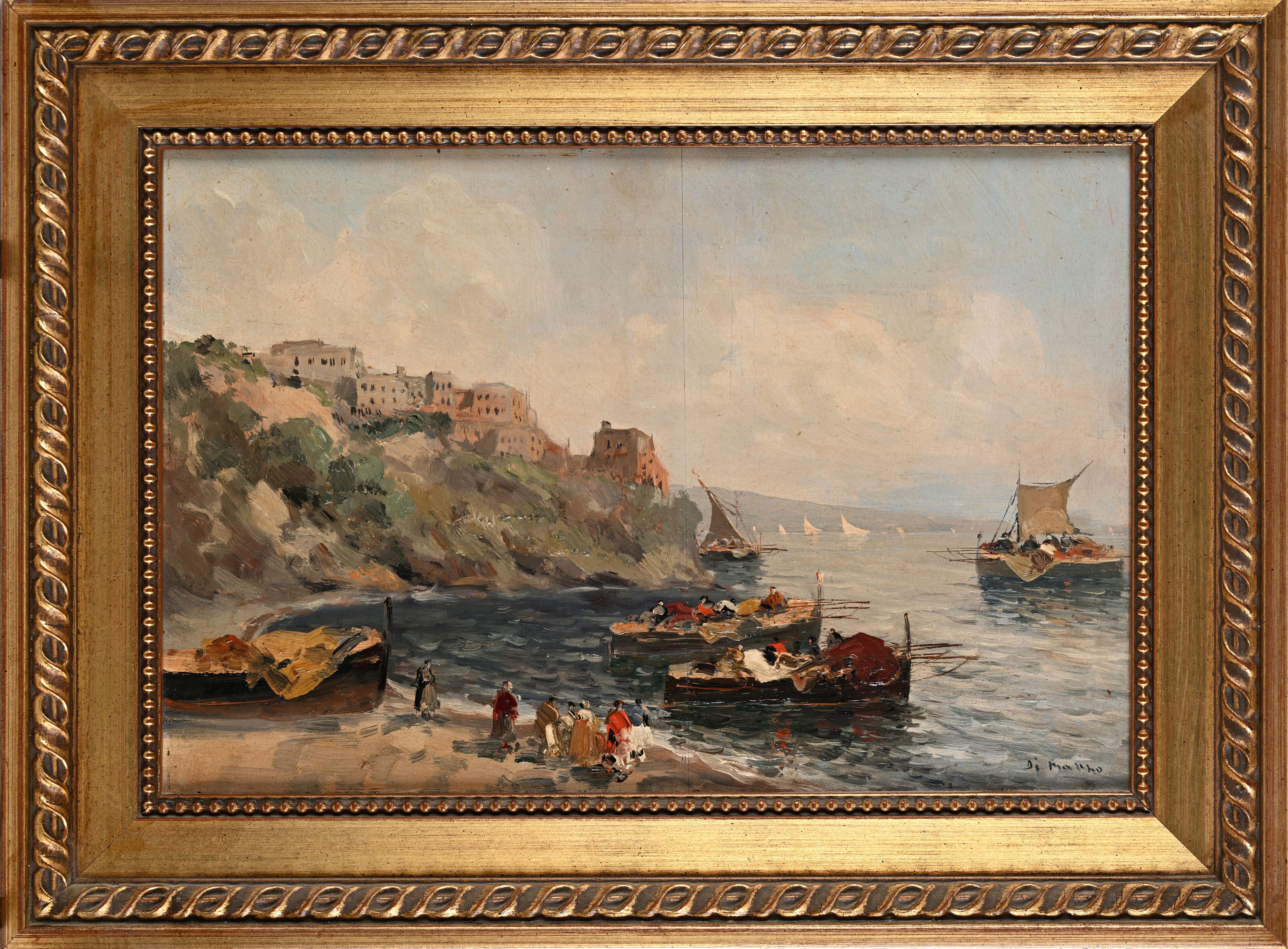 Francesco di Marino - Marina napoletana con barche di pescatori, olio su legno