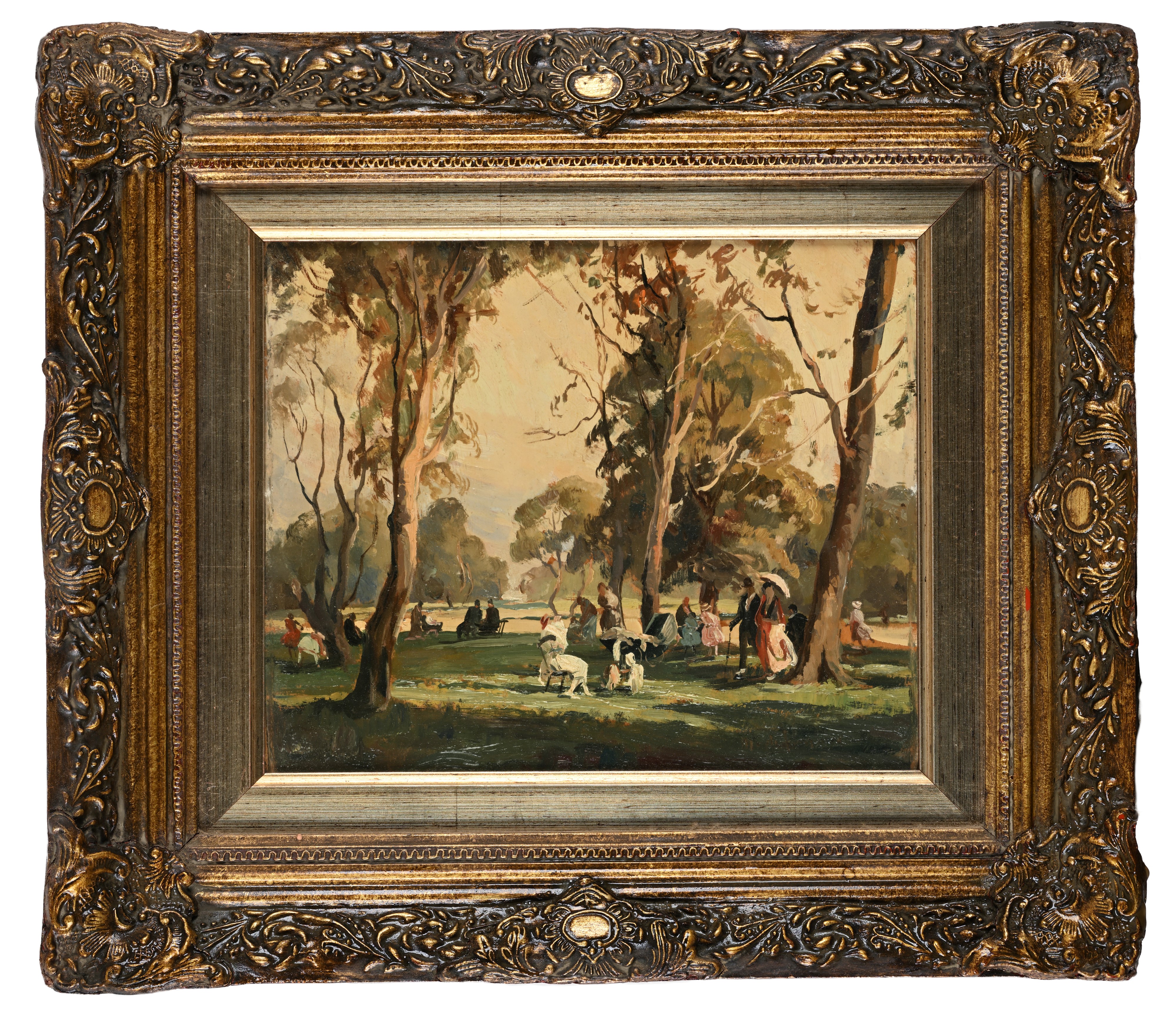 Michele De Simone - Figure in villa, olio su legno