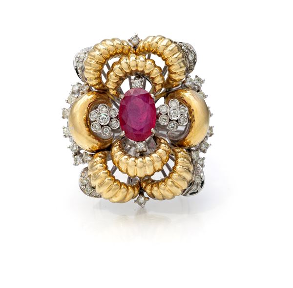 Grande anello a fiocco in oro, brillanti e rubino