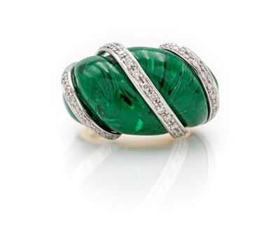 Oro 750, anello con malachite e diamanti taglio rotondo brillante