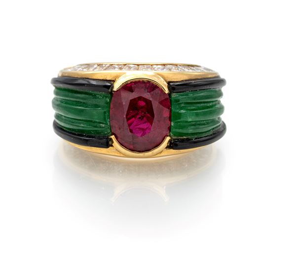 Scavia anello in oro, rubino, giada, onice e brillanti