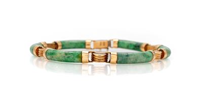 Bracciale in oro giallo 585/000 e giada, lunghezza 19 cm