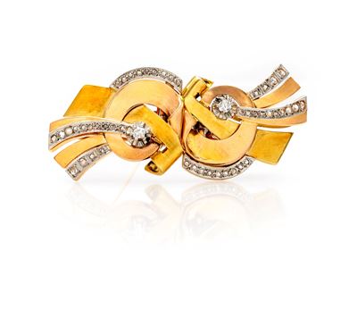 Spilla doppia clip in oro 750/000 con diamanti/“brillanti”, anni ’40