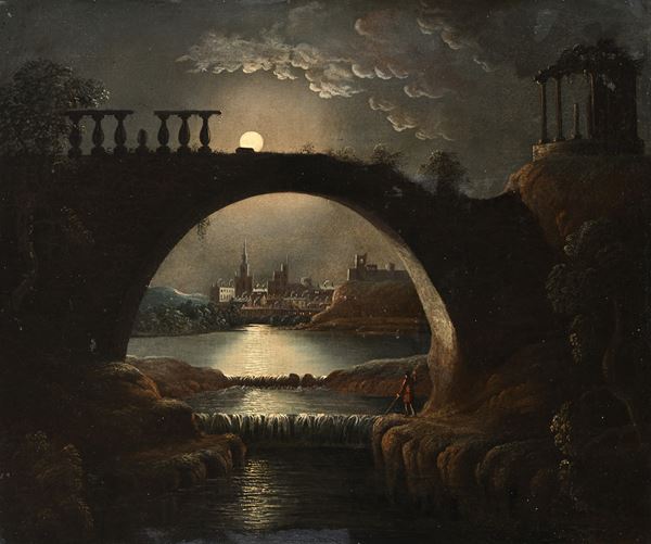 Scuola europea del XIX secolo - Paesaggio notturno con cascatelle ed antiche rovine nei pressi una città