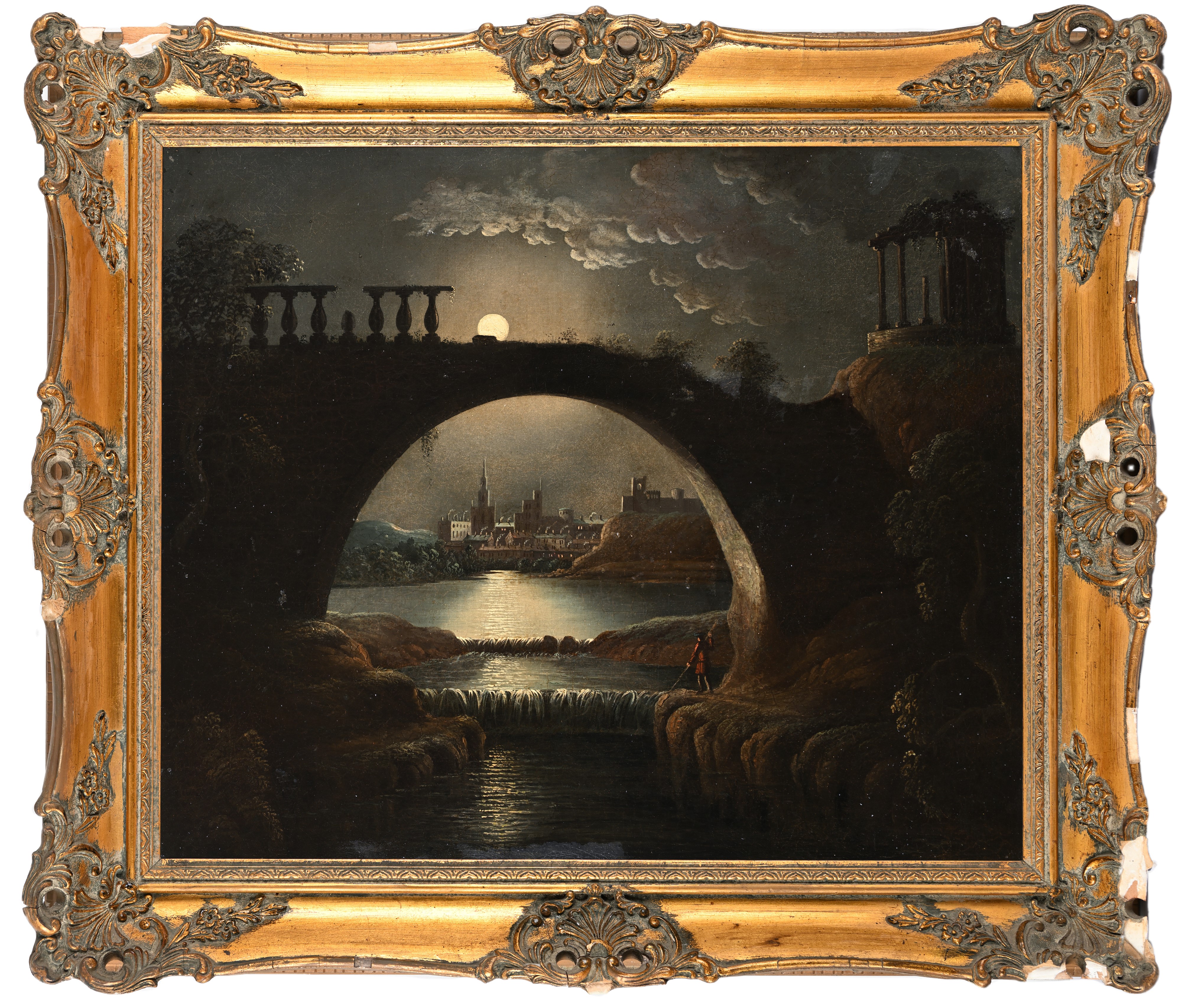 Scuola Europea del XIX Secolo - Paesaggio notturno con cascatelle ed antiche rovine presso una ci...