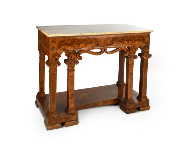Console Carlo X in radica di noce con intarsi in legno di frutto, Napoli, prima metà del XIX secolo