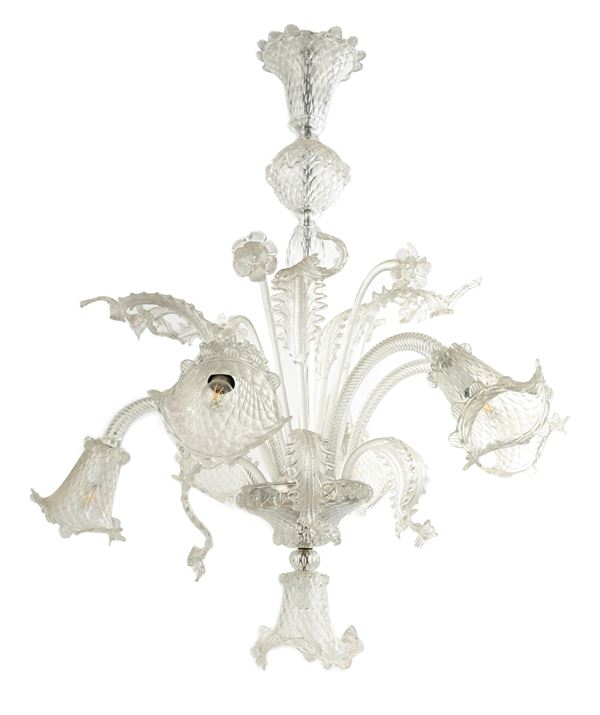 Lampadario in vetro incolore a sette luci, Arte Vetraria Muranese, inizi del XX secolo