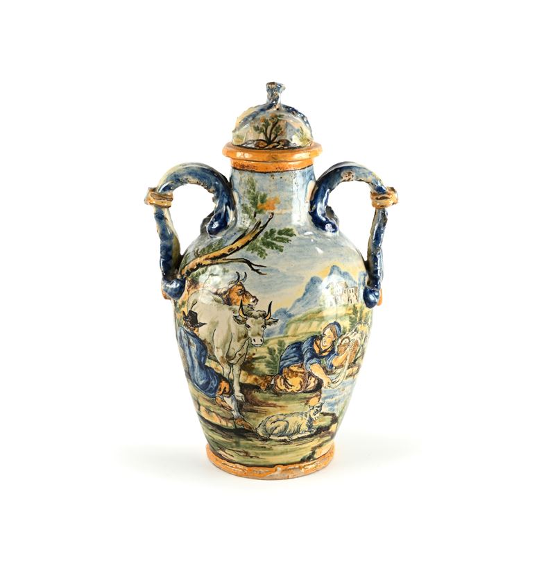 Vaso biansato con coperchio in maiolica policroma, Castelli d'Abruzzo, XIX secolo