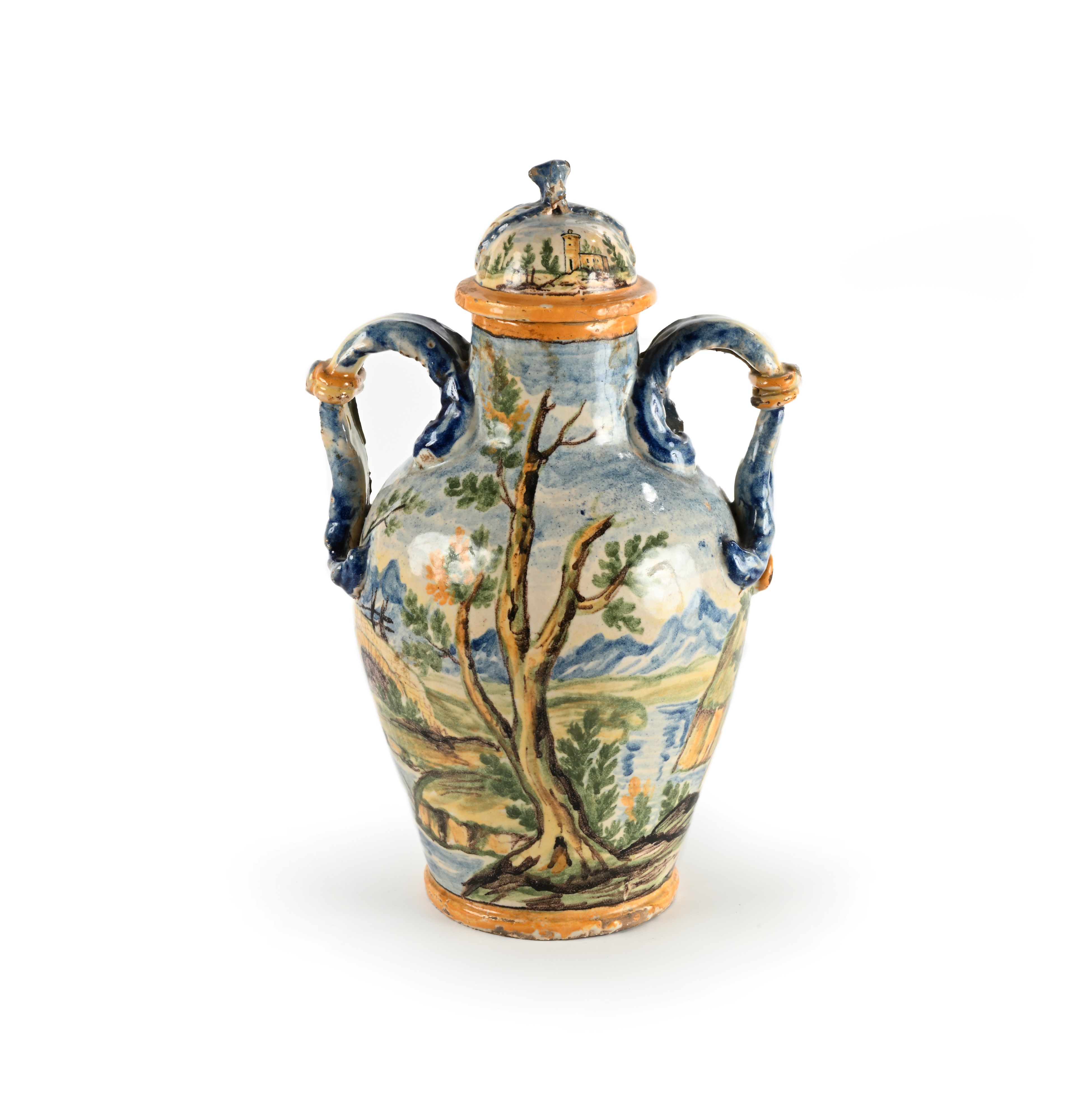 Vaso biansato con coperchio in maiolica policroma, Castelli d'Abruzzo, XIX secolo