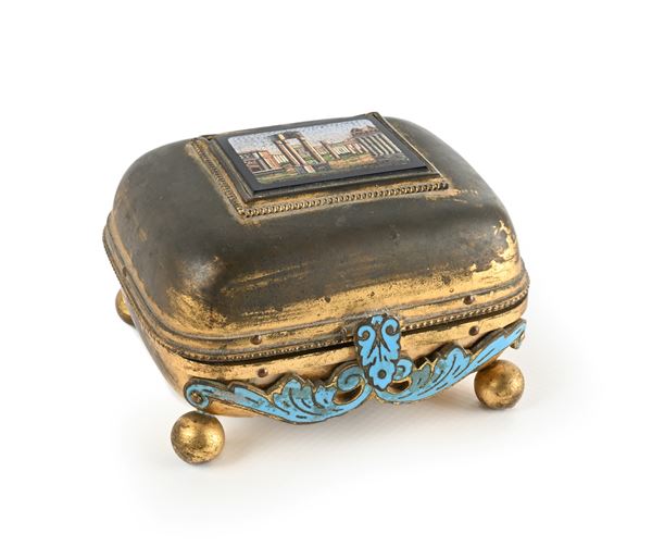 Cofanetto portagioie in metallo con placchetta musiva, XIX secolo