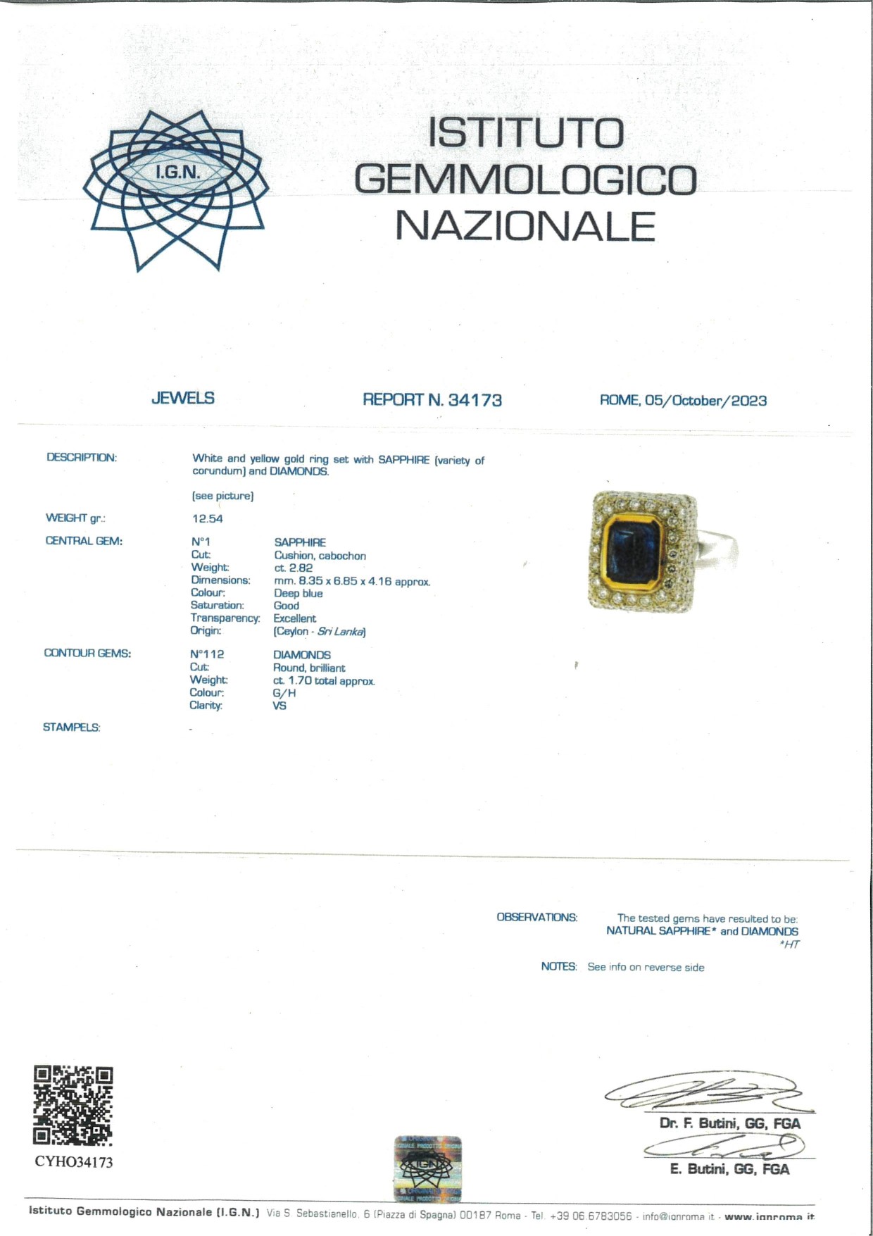 Anello in oro bianco e giallo 750/000 con zaffiro cabochon e diamanti