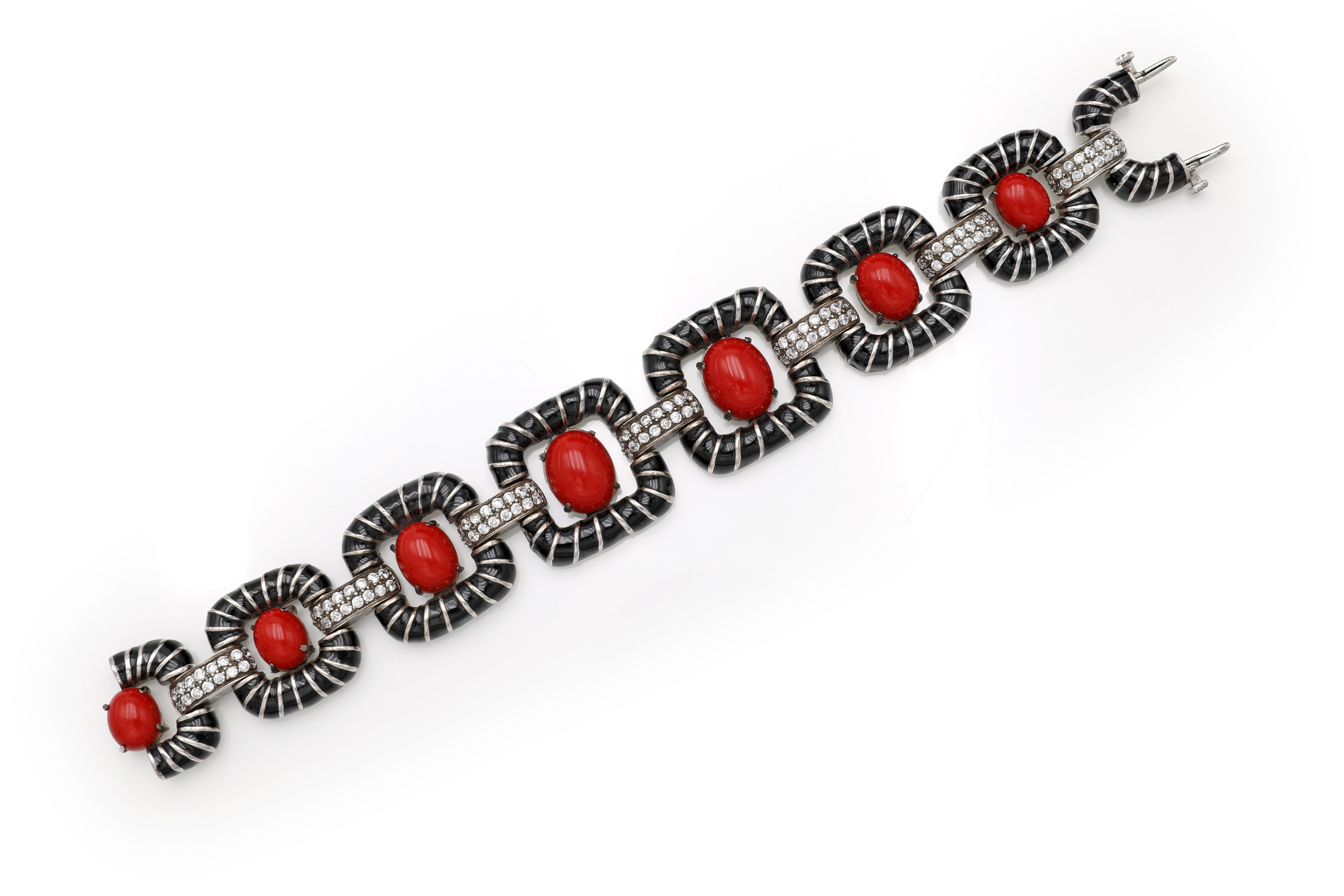 Bracciale, argento, smalto e pietre rosse ed incolori, anni '70