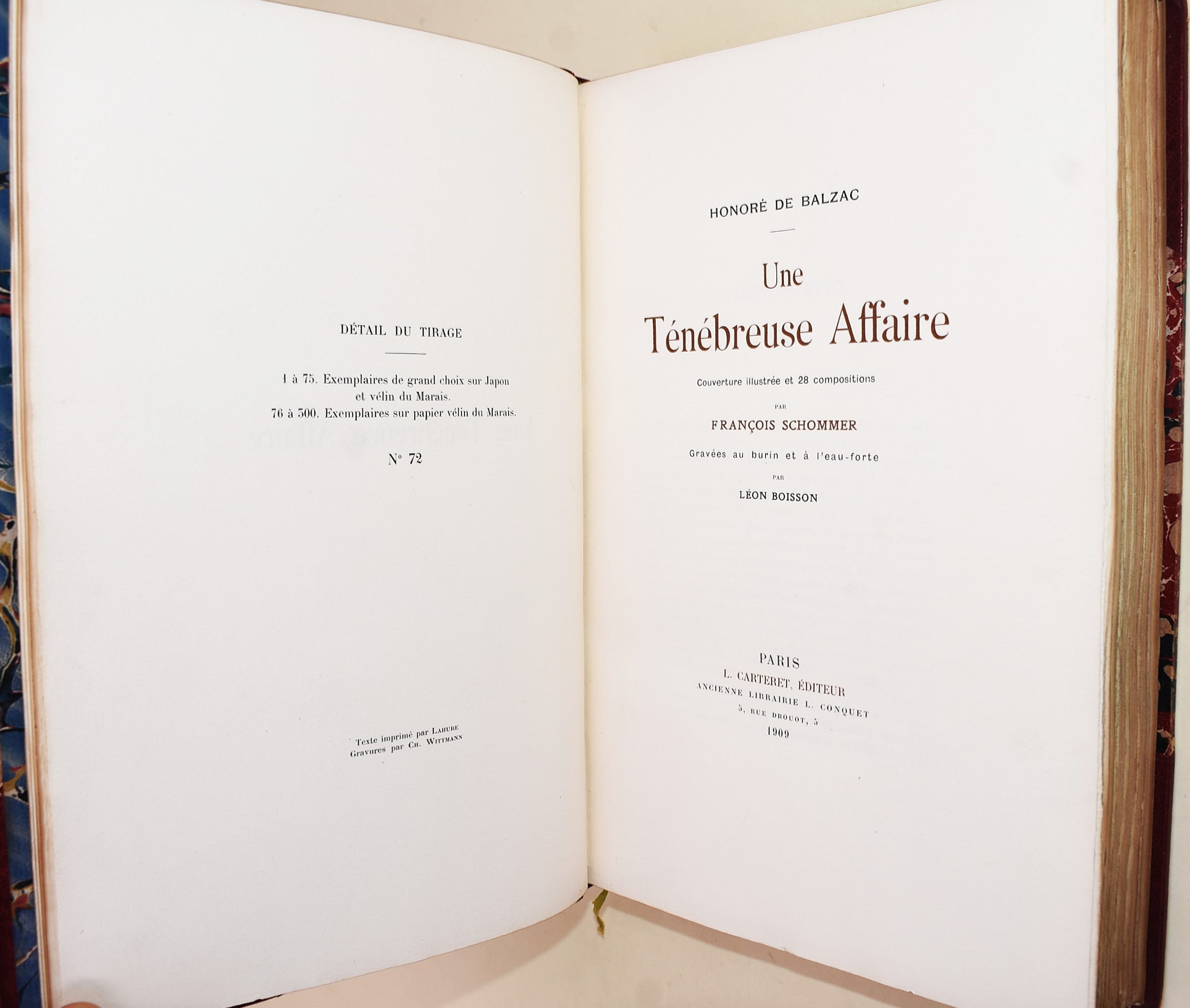 Honoré de Balzac, Une Ténébreuse Affaire, 1909, incisioni in due stati da Léon Boisson e Français...