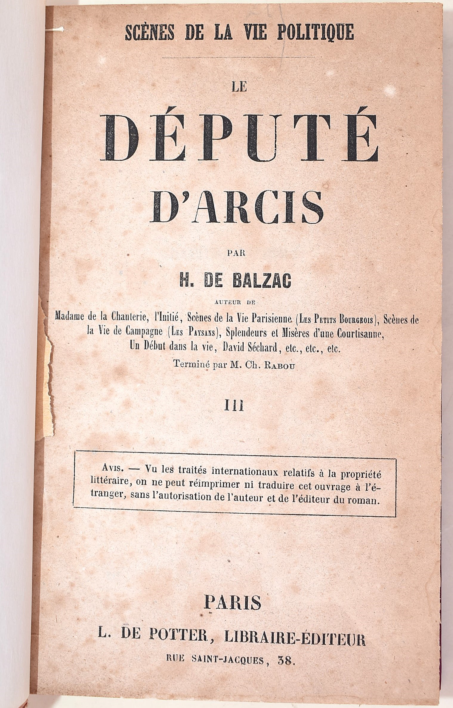 de Balzac, Honoré: Le Députe d'Arcis (non datato)