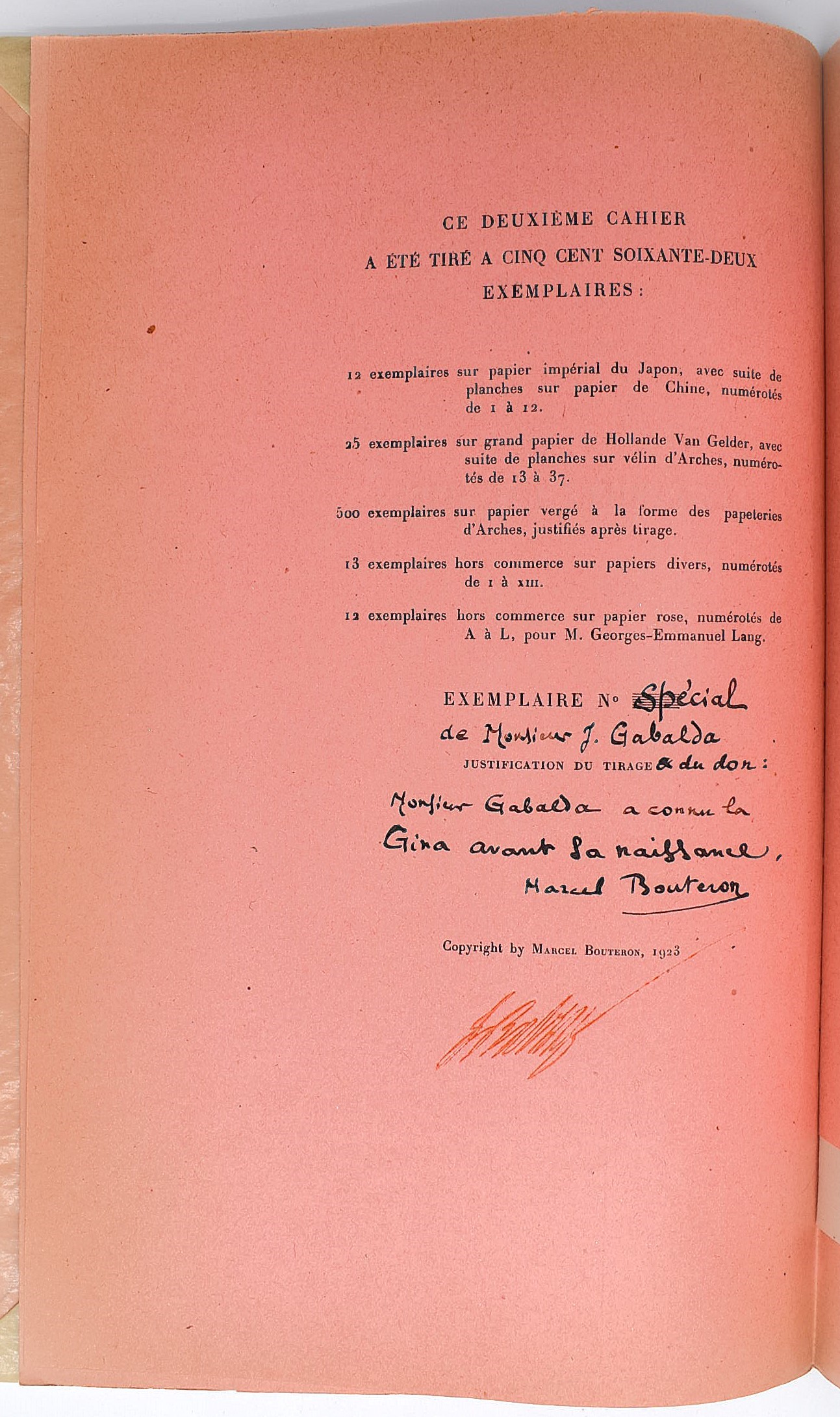 Marcel Bouteron, Les fantaisies de la Gina, edizione con fac-simile degli autografi e ritratti