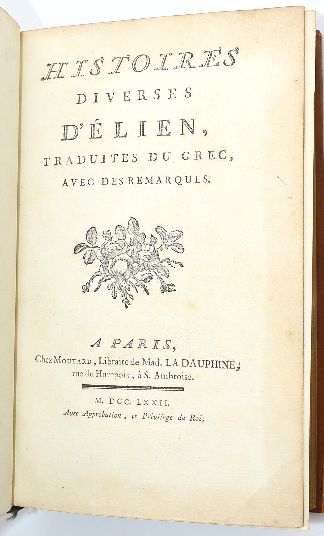 Anônimo, Histoires diverses d’Élien, traduites du grec, avec des remarques (1772), edizione a Par...