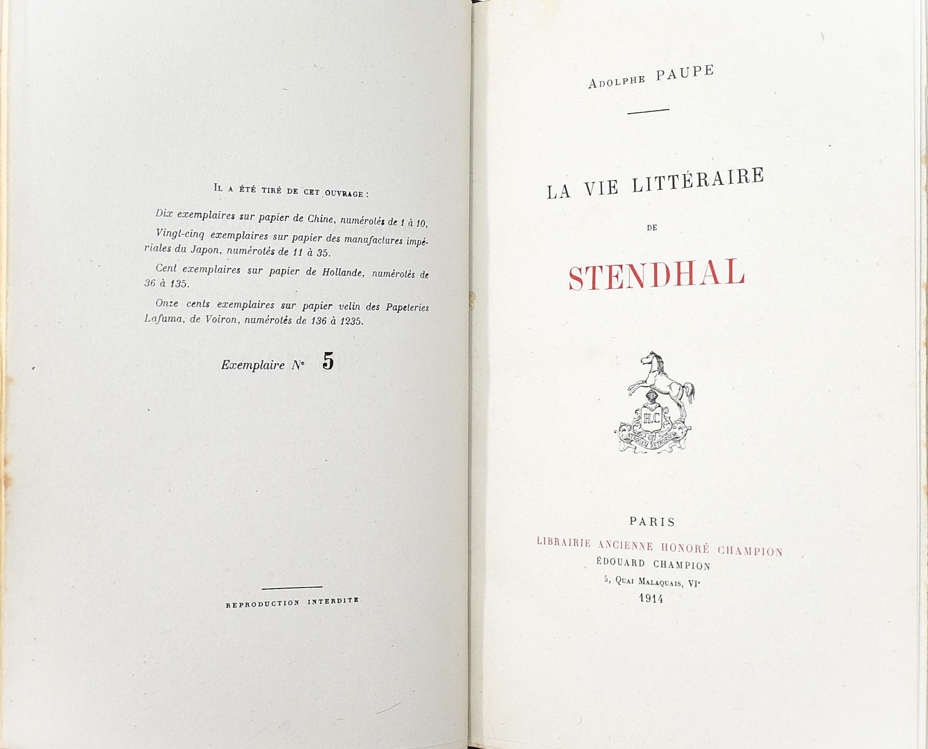 Adolphe Paupe, La vie de Stendhal