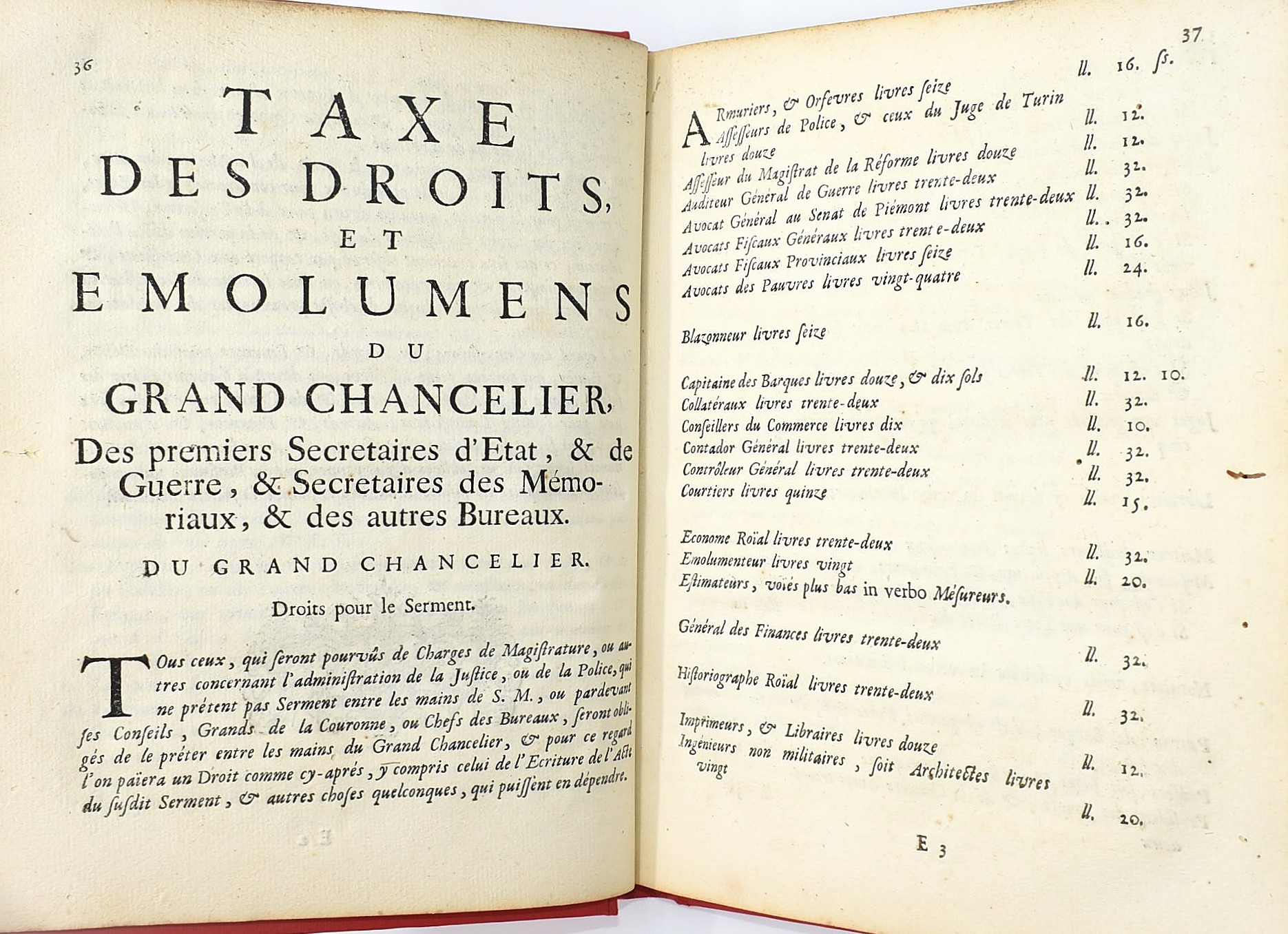 Torino, Accademie Royale, Taxe des emolumens et des droits pour les magistrats, tribunaux, & offi...