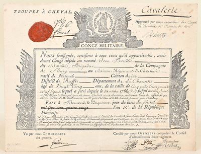 Barillié (attribuito), Congé militaire con sigillo – Cavalleria francese, 1795 (An III della Repu...