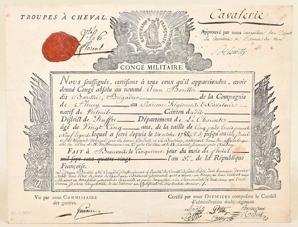 Congé militare con sigillo – Jean Barillié, Cavalleria francese, 1795