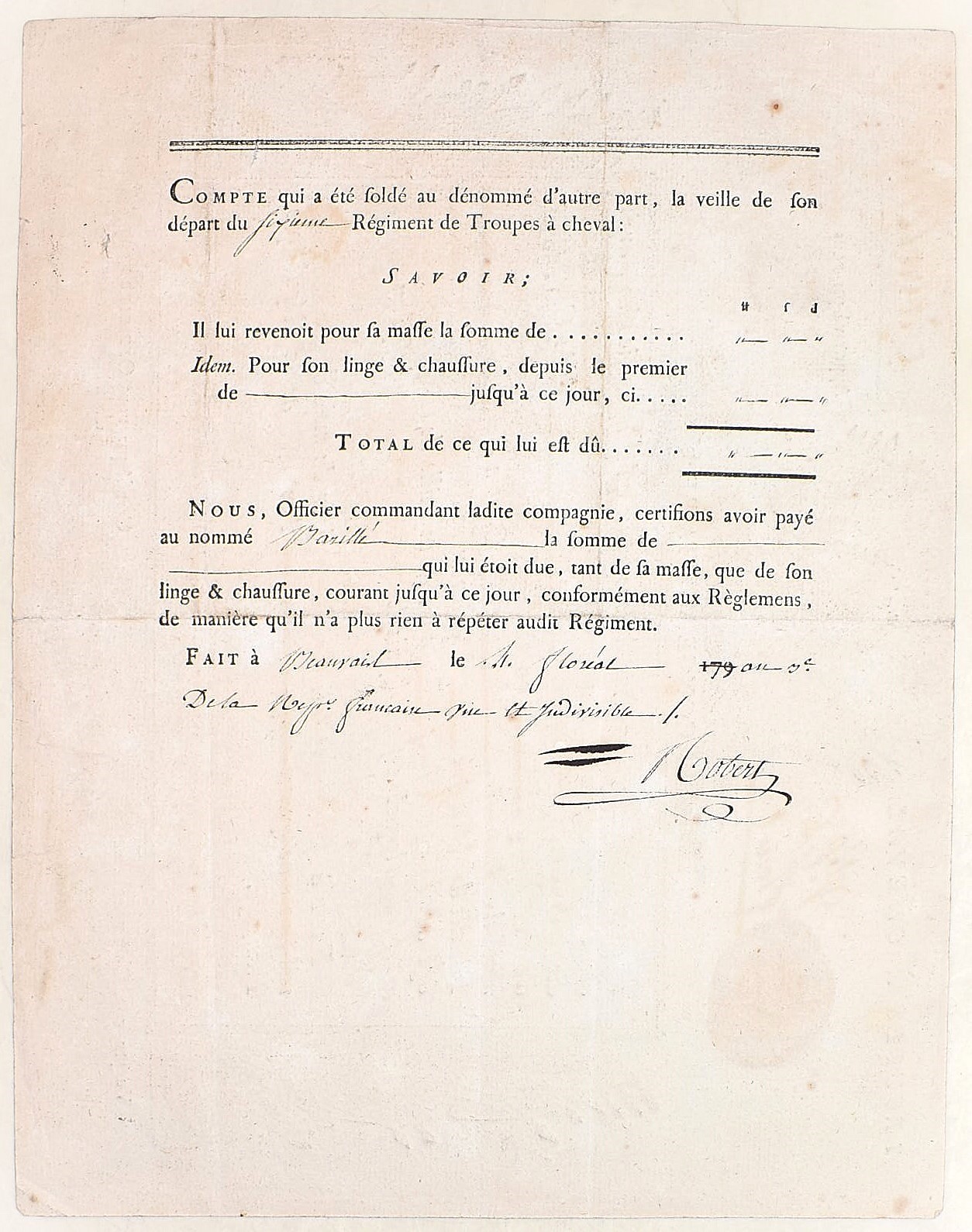 Jean Barillié, Congé militaire con sigillo, Cavalleria francese, 1795 (an III della Repubblica)