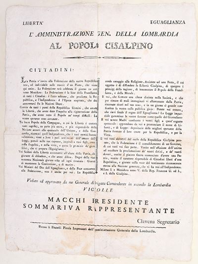 Amministrazione Generale della Lombardia, Proclama “Al Popolo Cisalpino” (Milano, 1797)