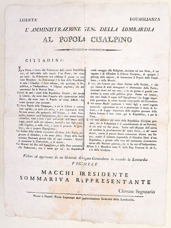 Repubblica Cisalpina – Proclama “Al Popolo Cisalpino”, Milano, 1797
