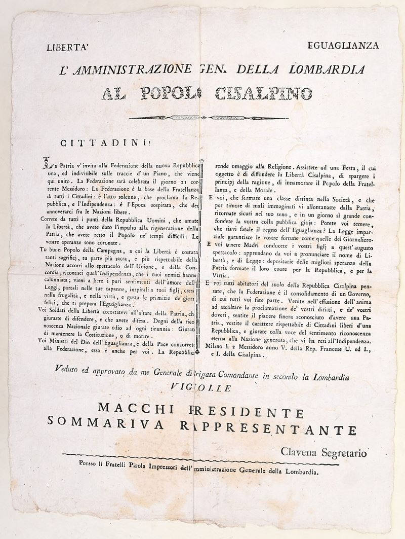 Amministrazione Generale della Lombardia, Proclama “Al Popolo Cisalpino” (Milano, 1797)