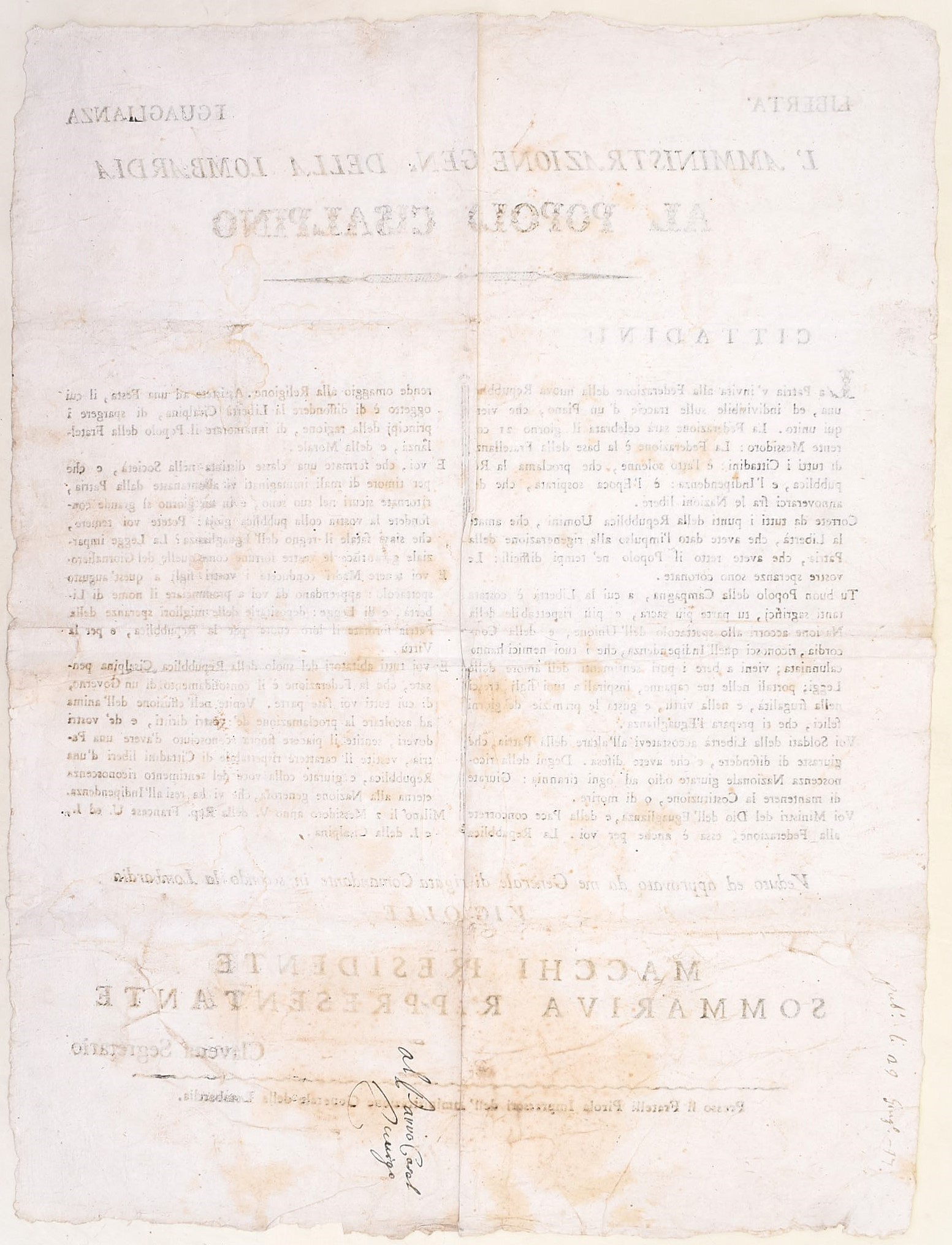 Amministrazione Generale della Lombardia, Proclama “Al Popolo Cisalpino” (Milano, 1797)