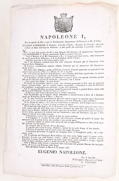 Napoleone I, Decreto militare per la formazione della Legione Reale Dalmatina e del Battaglione R...