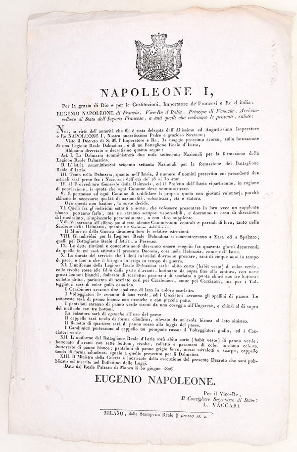Napoleone I – Decreto militare per Dalmazia e Istria, Milano, 1806