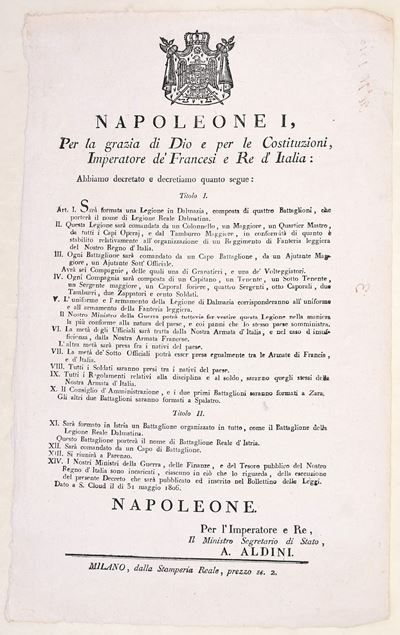 Napoleone I, Decreto per la Legione Reale Dalmatina, Milano 1806