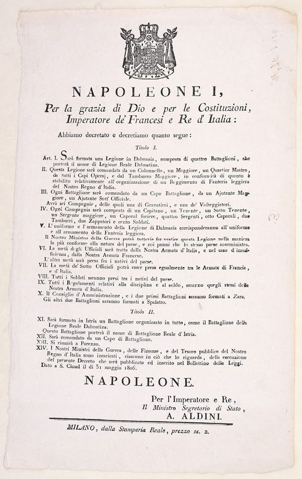 Napoleone I – Decreto per la Legione Reale Dalmatina, Milano, 1806