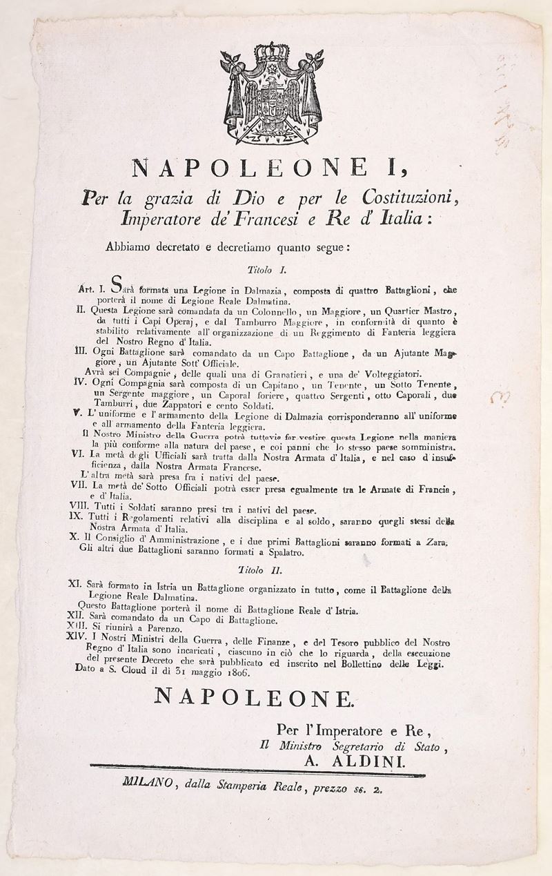 Napoleone I, Decreto per la Legione Reale Dalmatina, Milano 1806