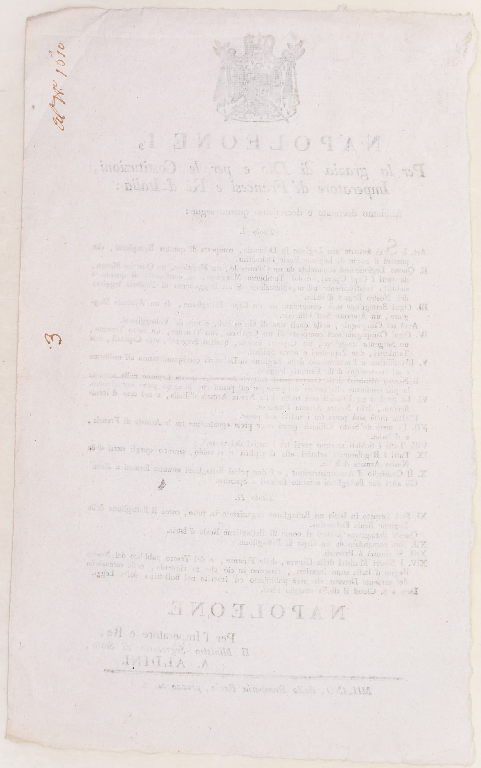 Napoleone I, Decreto per la Legione Reale Dalmatina, Milano 1806