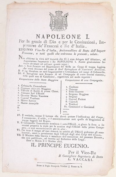 Napoleone Bonaparte, Decreto per la formazione del Real Battaglione dei Cacciatori Bresciani, Mon...