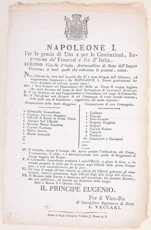 Napoleone I – Decreto per i Cacciatori Bresciani, Monza, 1805