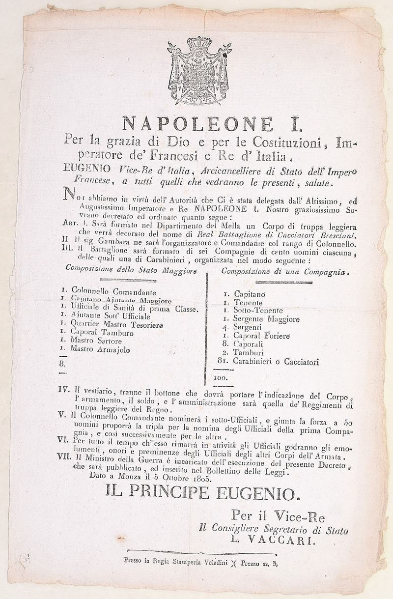 Napoleone I, Decreto per i Cacciatori Bresciani, Monza 5 ottobre 1805