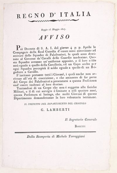 Regno d’Italia, Avviso per i palafrenieri della Real Guardia d’Onore, Reggio (1807)