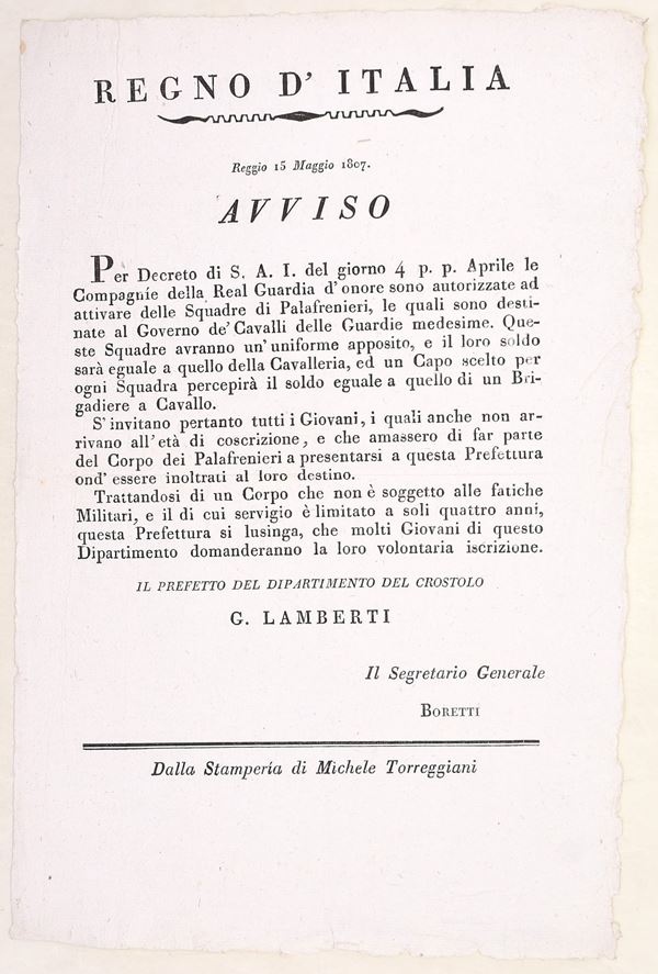 Regno d’Italia – Avviso per i Palafrenieri della Guardia d’Onore, Reggio, 1807