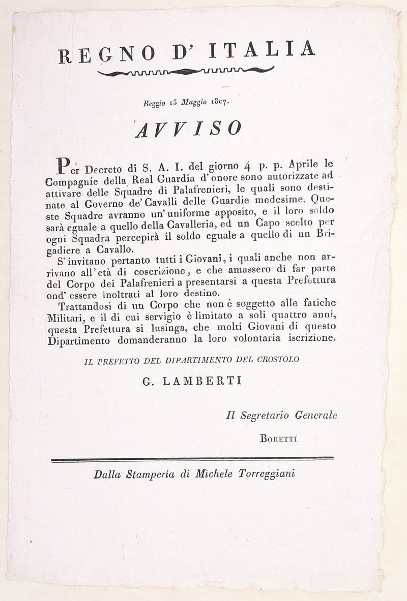 Regno d’Italia, Avviso per il reclutamento dei palafrenieri della Real Guardia d’Onore (Reggio, 1...