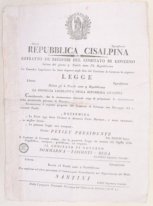 Repubblica Cisalpina – Legge per la Porta Marengo, Brescia, 1801