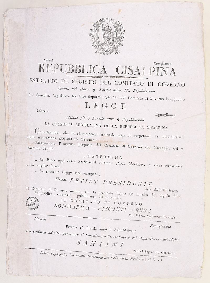 Repubblica Cisalpina, Legge per la Porta Marengo (Brescia, 1801)